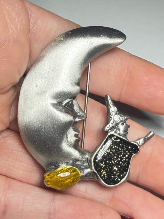AS Jewelry - Witch on Crescent Moon Brooch Signed AS Vintage